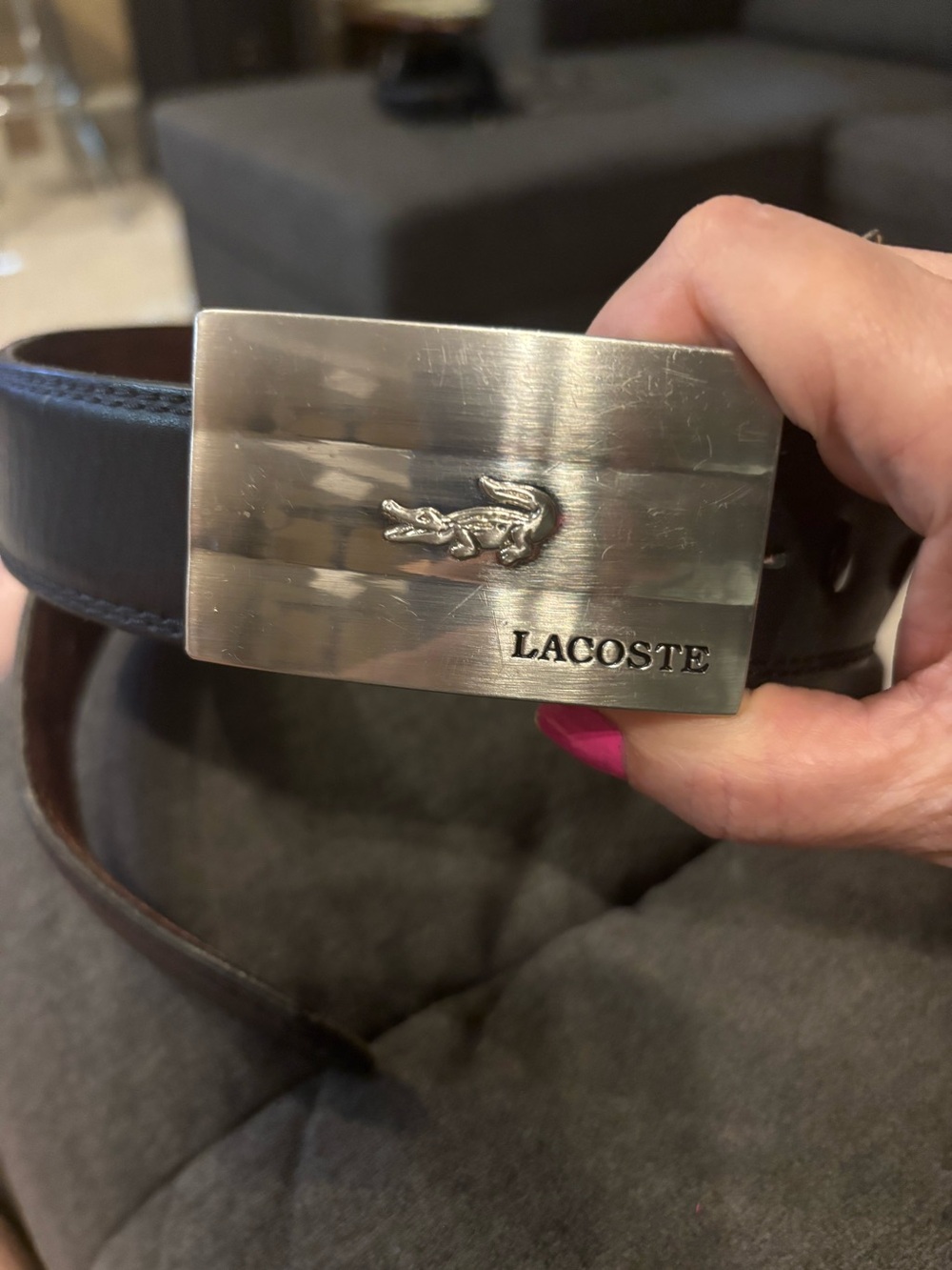 Lacoste Black Leather Belt with Silver Eyelet Detail